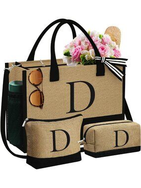 Personalized Initial Jute Tote Bag & 2 Makeup Bags - Unique Gifts for Her